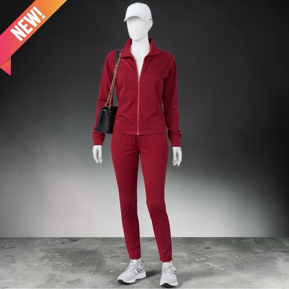 Pants - New Women's Zip-Front Track Jacket & Pants Set - Burgundy